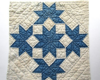 Antique Indigo Blue and White Star Cluster Quilt Section, Beautiful 1890 Era Country Cottagecore Quilt Section, Hand Stitched, Sewing, Decor