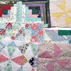 May include: A collection of six assorted fabric quilt blocks featuring various patchwork designs, including log cabin, pinwheel, and geometric patterns in a mix of floral, plaid, and solid cotton textiles with visible stitching.