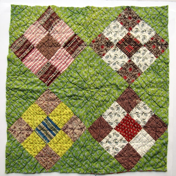 Antique 1880's Era Calico Fabrics Nine Patch Quilt Section, Quilt Piece w 9 Patch Blocks, Hand Stitched & Quilted, Lots of Fine Old Calico