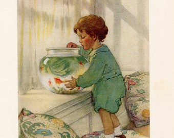 Vintage 1930's Child Peering into the Goldfish Bowl by the Window Original Illustration, Bookplate  Print by Jessie Willcox Smith