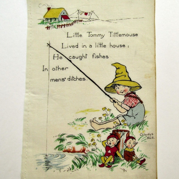 Antique Muslin Book Page by Illustrator Gladys Hall, Tommy Tittlemouse  w Verse Sewing, Decor