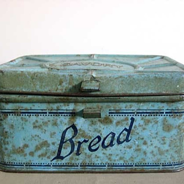 Vintage 1920's Robins Egg Blue Metal Savory Bread Box with Aged Finish