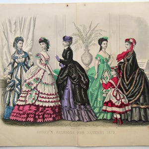 Antique 1870 Godey&#39;s Lady&#39;s Book Original Hand Colored Women&#39;s Fashion Print, History, Wall Decor, Early Fashion Display