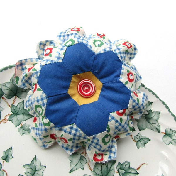 Scrappy Feedsack Fabrics Flower Garden Quilt Piece Decor Ornament, Bowl Filler, Decoration, Handmade Recycled Vintage Patchwork
