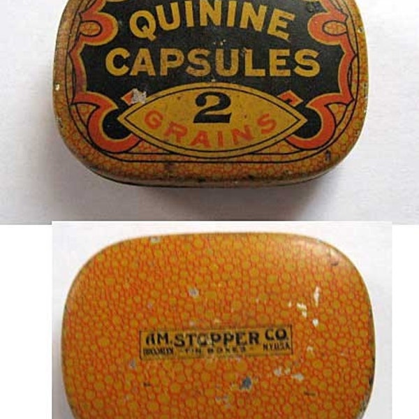 Small Antique Medicine Quinine Capsules 2 Grains Advertising Tin Pill Box c 1910