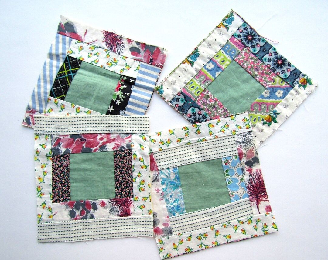 4 Mid Century Cotton Patchwork Squares, Patchwork Pieces for Sewing