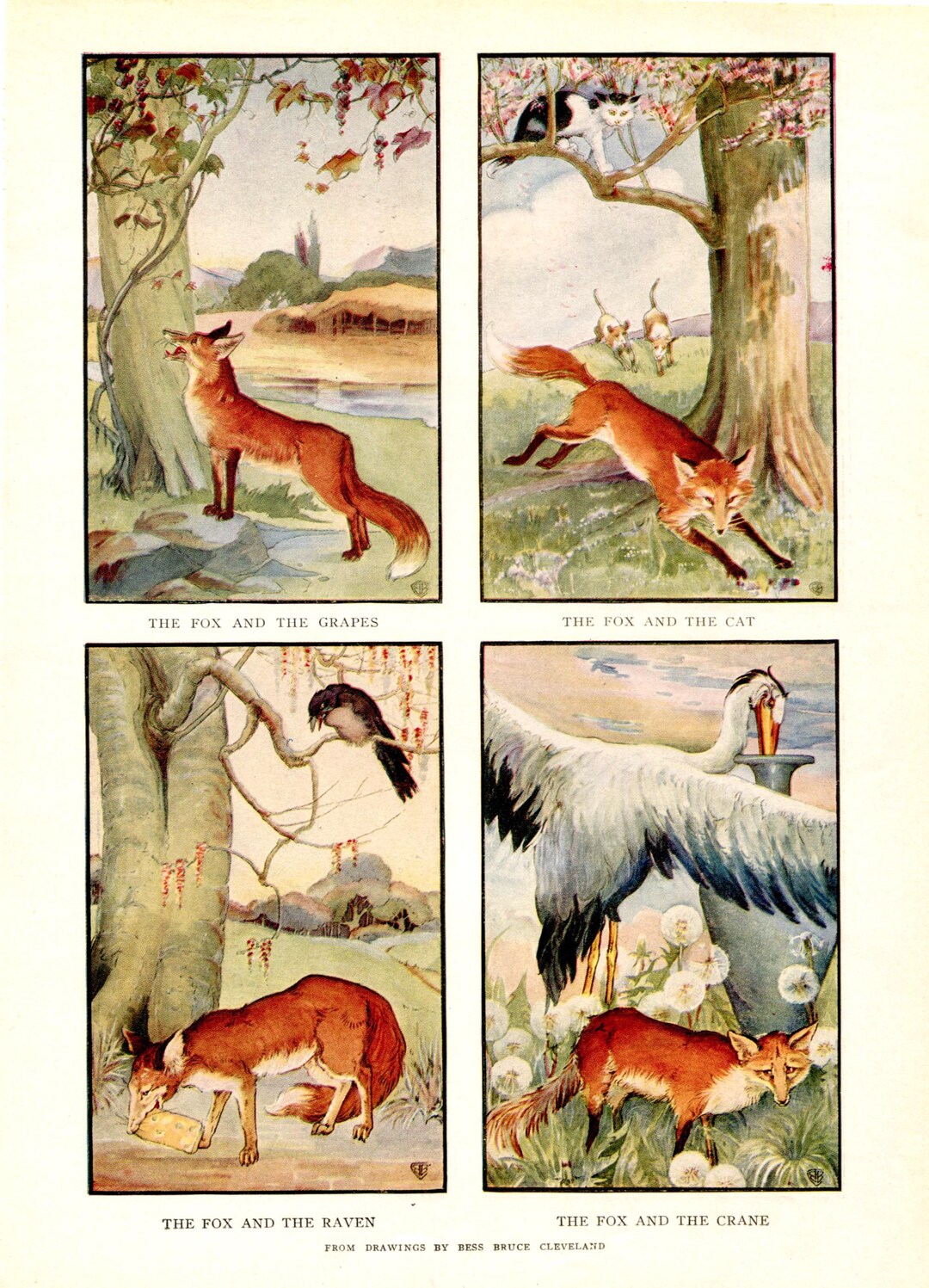 Antique 1910's Four Fox Fable Scenes by Bess Cleveland Original ...
