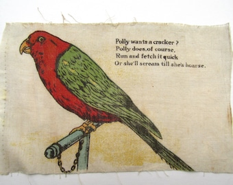 Vintage Child's Muslin Book Page, Polly the Parrot on her Perch, Junk Journal, Sewing, Projects, 1910's