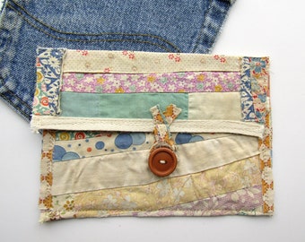 Vintage 1930's Feedsack Cottons Timeworn Quilt Piece Wallet, Envelope, Purse, Recycled Patchwork, Gift, Small Purse for Cards, Keys, Sew