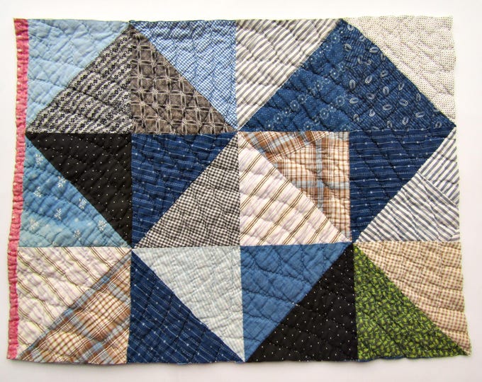 Antique Half Square Block Design Calico & Shirt Fabrics Patchwork Quilt ...