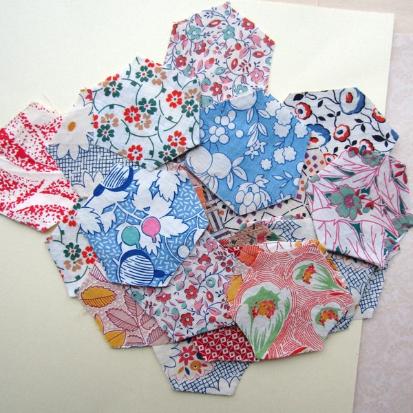 A Bundle of  Assorted  Vintage Feedsack Fabrics Hexagon Shaped Pieces for Junk Journals, Small Projects, Mending, Sewing