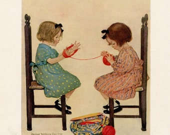 Vintage 1930's Two Little Girls at Their Knitting, The Knitters,  Original Illustration, Bookplate  Print by Jessie Willcox Smith