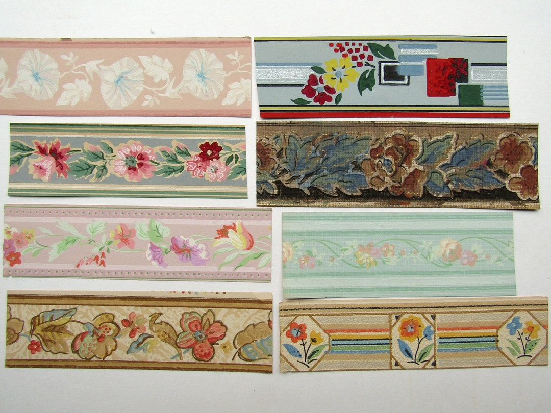 Set of 8 Vintage 1940's Wallpaper Border Strips Decorative Papers
