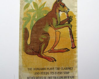 Timeworn Aged Antique  Child's Muslin Book Page, Kangaroo Playing the Clarinet, Junk Journal, Sewing c 1910