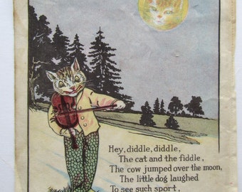 Antique 1915 Child's Muslin Book Page, Nursery Rhyme, Hey Diddle Diddle  Cat, Fiddle Lg 10 x 8 Inch Size, Sewing, Wall, Decor, Creative Work