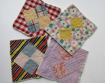 Set of 4 Timeworn, Cottagecore 1930's Primitive Patchwork Quilt Squares for Sewing, Stitch Projects, Recycled Quilting