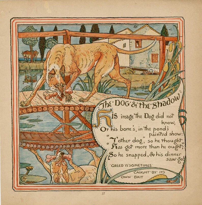 Victorian 1887 Walter Crane Aesop Fables Bookplate Illustration Print The Dog And The Shadow Fable Original Print Arts Crafts Design - 