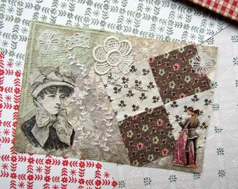 Original Collage Art Card, Vintage Holiday Images for Gift, Journal, Display Handmade from Antique Materials, Papers, Fabric, Wallpapers