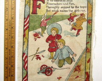 Timeworn Antique  Child's Muslin Book Page, Fourth of July, Firecrackers, Boys, Flag, 10 x 8 Inch,  Junk Journal, Sewing c 1910