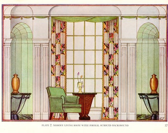 Vintage 1937 Art Deco Interior Decorative Drapes, Textiles Bookplate Print, Lithograph by Edward Thorne, Wall Decor Print, Original Print