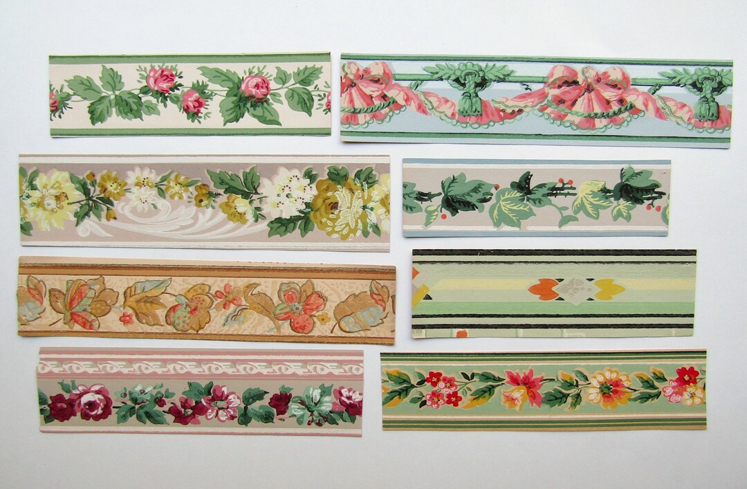 Set of 8 Vintage 1940's Wallpaper Border Strips Decorative Papers