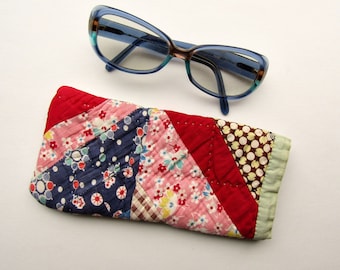 Upcycled Vintage Quilt Pieces Soft Eyeglass Case for Purse, Storage, Car Use, Recycled Patchwork, Gift, Handmade w Vintage Quilt, Eyewear