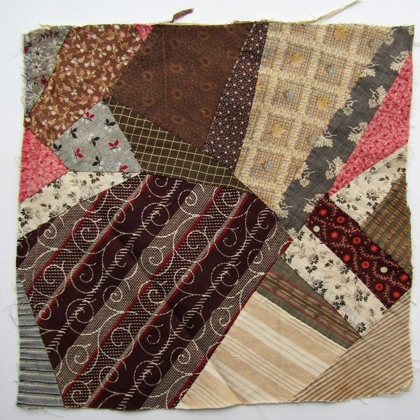 Antique 1890's Calico Fabrics Quilt Block, Quilt Square, Scrappy Design, Hand Stitched Backing for Projects, Sewing, Quilting