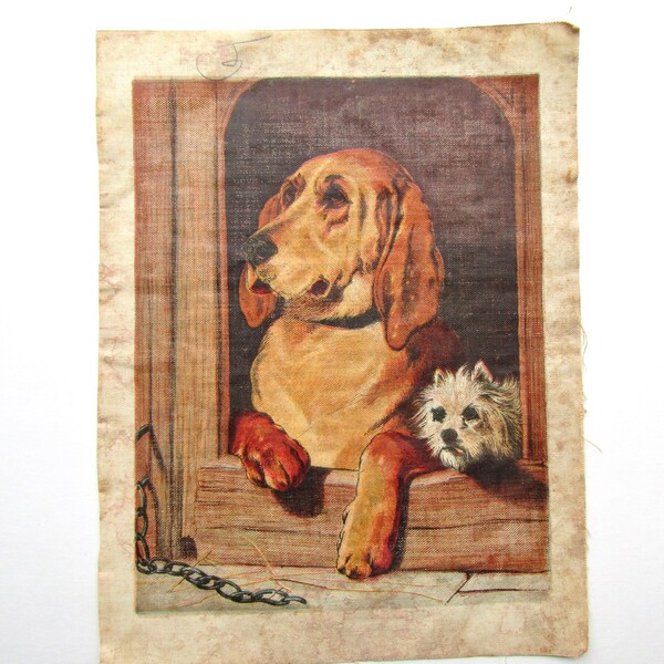 Timeworn Aged Antique Child's Printed Linen Book Page, Dog Pals in House, Hound, Terrier, Large Size Page, Sewing, Decor c 1900