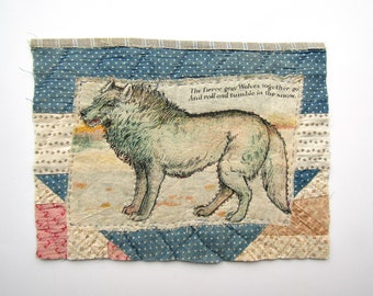 Gray Wolf Antique Image and Quilt Piece Patchwork Mini Quilt Art Mat, Decoration, Journal Embellishment, Wolf Lover Gift, Wall Art