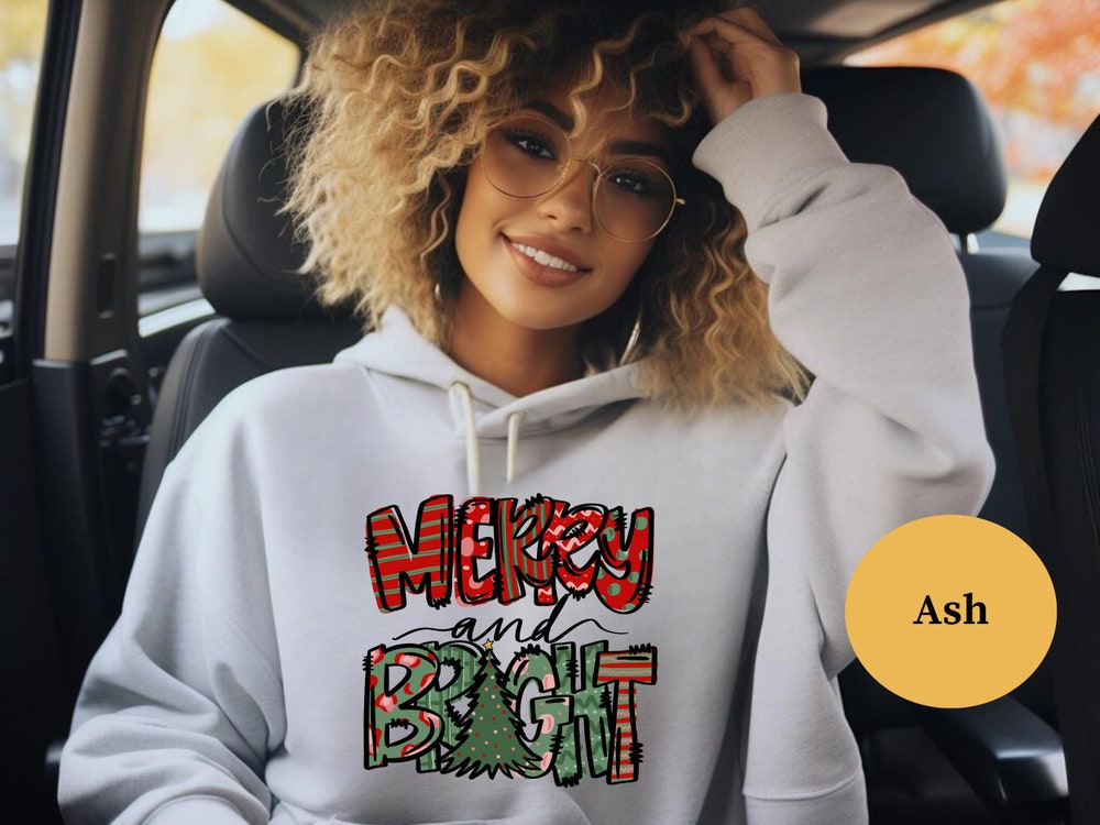 Christmas Hooded Sweatshirt, Womens Christmas Sweatshirt, Merry And Bright Sweatshirt, Christmas Sweatshirts, Merry Christmas Sweatshirt Designed By Shirttrendz