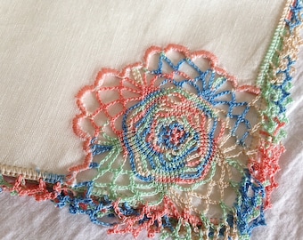 Multi-Pastel Embroidered Colors of Small Child Pretty Vintage Hankie with Crocheted Edges