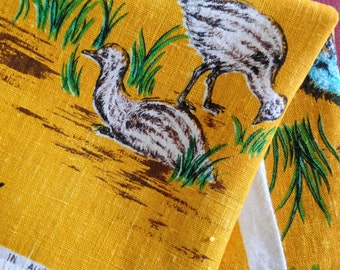 Kitchen Tea Towel Australian Emu on Yellow Linen New Vintage Old Stock