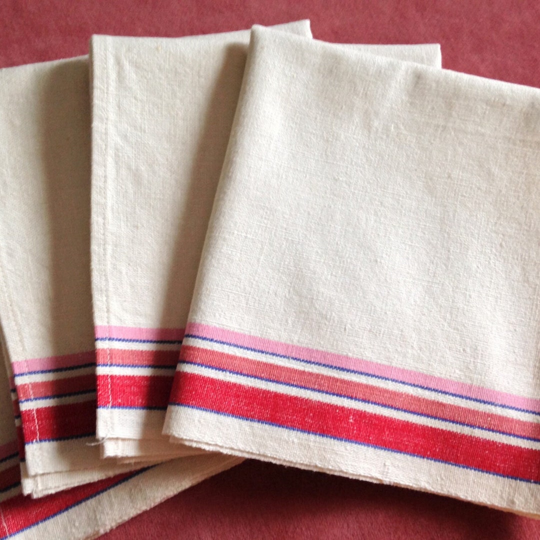 Vintage Kitchen Towel by Royal Family Farmhouse Cotton Linen Decor Multi Stripes of Red Pink ...