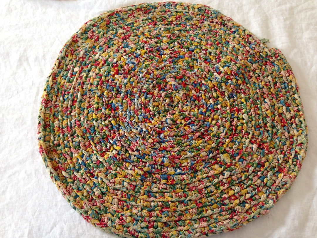 Vintage Rag Rug Chair Pad Multi Colors Blue Green Red Yellow Etsy
