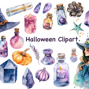 Könnte beinhalten: Eine Aquarell-Illustration von Halloween-Clipart mit einer Hexe, einem Kürbis, Kristallen, Kerzen und Zaubertrankflaschen. Die Hexe trägt einen blauen und violetten Hut und ein Kleid mit Sternenmuster. Der Kürbis ist orange und hat einen grünen Stiel. Die Kristalle sind lila und blau. Die Kerzen sind lila und rosa. Die Zaubertrankflaschen sind klar und mit bunten Flüssigkeiten gefüllt.