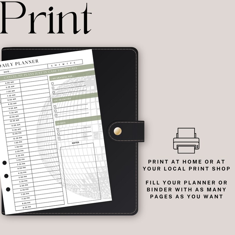 Peut inclure: Planificateur quotidien imprimable avec un design de globe gris et blanc. Le planificateur comprend des sections pour "Je suis reconnaissant pour", "Pour les priorit&eacute;s", "&Agrave; faire" et "Notes". Le texte "Annulez mes plans au cas o&ugrave; vous appelleriez" est en haut de la page. Le texte "Imprimez &agrave; la maison ou dans votre imprimerie locale" et "Remplissez votre planificateur ou votre classeur avec autant de pages que vous le souhaitez" est en bas de la page.