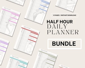 Könnte beinhalten: Eine Sammlung druckbarer Tagesplaner in den Formaten A4, A5 und Letter. Jeder Planer verfügt über einen Halbstundenplan, mit minimalistischem Design und verschiedenen Farbakzenten. Der Text "HALF HOUR DAILY PLANNER BUNDLE" ist prominent dargestellt.
