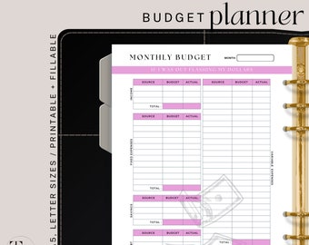 Peut inclure: Un planificateur de budget mensuel imprimable avec un schéma de couleurs rose et blanc. Le planificateur comprend des sections pour les revenus, les dépenses fixes, les économies, les dettes et un résumé. Le texte "IF I WAS OUT FLASHING MY DOLLARS" est imprimé en rose en haut de la page.