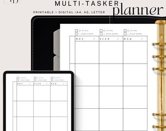 May include: A black and white printable planner with a grid layout for scheduling. The planner has sections for Monday, Tuesday, and Wednesday. It also includes checkboxes for "Ritual" and "Wind Down".
