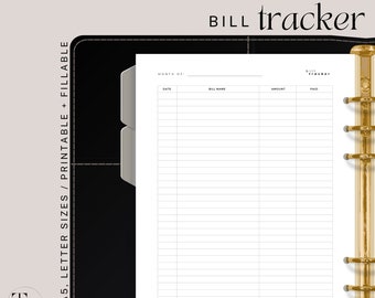 May include: A printable bill tracker with a black and gold binder. The tracker has columns for date, bill name, amount, and paid. The text "BILL tracker" is at the top of the page.