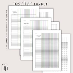 May include: Printable teacher bundle of student checklist, homework tracker, and assignment tracker forms. The forms are in black and white with a light green, purple, and pink color scheme. The forms are available in A4, A5, and letter sizes.