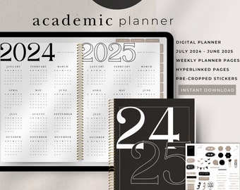 May include: A digital planner for the academic year 2024-2025. The planner features a black and white design with the numbers 24 and 25 in a large font. The planner includes weekly planner pages, hyperlinked pages, and pre-cropped stickers. The planner is available for instant download.