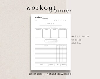 Planificador de entrenamiento imprimible, rastreador de ejercicios, planificador de comidas, rastreador de nutrición, rastreador de agua, planificador de pérdida de peso, inserto imprimible