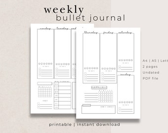 Premade Bullet Journal Printable: 7-Day Spread, Habit Tracker, Mood Tracker, Meal Planner, To-Do List - Functional Design, PDF Download