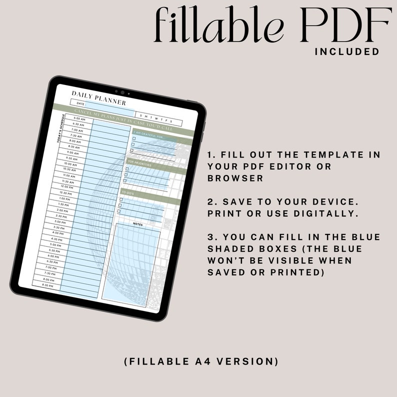 Peut inclure: Un mod&egrave;le de planificateur quotidien num&eacute;rique dans un sch&eacute;ma de couleurs bleu et blanc avec un graphique de globe. Le mod&egrave;le est con&ccedil;u pour &ecirc;tre rempli dans un &eacute;diteur PDF ou un navigateur. Le texte "CANCEL MY PLANS JUST IN CASE YOU'D CALL" est en haut du planificateur. Le texte "FILLABLE A4 VERSION" est en bas du planificateur.