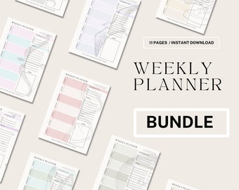 Peut inclure: Un lot de planificateurs hebdomadaires imprimables en formats A4, A5 et lettre. Les pages du planificateur présentent une variété de motifs abstraits dans des couleurs pastel, notamment le rose, le bleu et le gris. Le texte "Weekly Planner Bundle" est affiché en gras, en lettres noires.