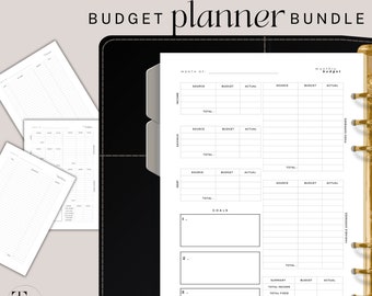 May include: A black binder with a gold spine holds a printable budget planner bundle. The planner includes pages for monthly budgeting, income, savings, debt, and goals. Text on the image reads "Budget Planner Bundle" and "Printable + Fillable."