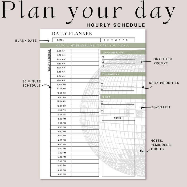 Peut inclure: Un planificateur quotidien imprimable avec un sch&eacute;ma de couleurs vert et blanc. Le planificateur comprend des sections pour les priorit&eacute;s quotidiennes, les listes de t&acirc;ches, les notes et une invite de gratitude. Le planificateur est con&ccedil;u pour vous aider &agrave; planifier votre journ&eacute;e et &agrave; rester organis&eacute;.