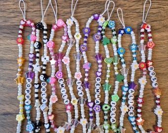 Personalised Beaded Phone Charm Strap. Lanyard. Chain. Gift. Stocking Filler, Party Favour.