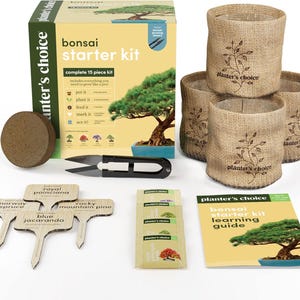 May include: A bonsai starter kit with 15 pieces, including a burlap pot, a small bonsai tree, a pair of pruning shears, a packet of seeds, and a learning guide. The kit also includes wooden plant markers with names like "Norway Spruce" and "Royal Poinciana".